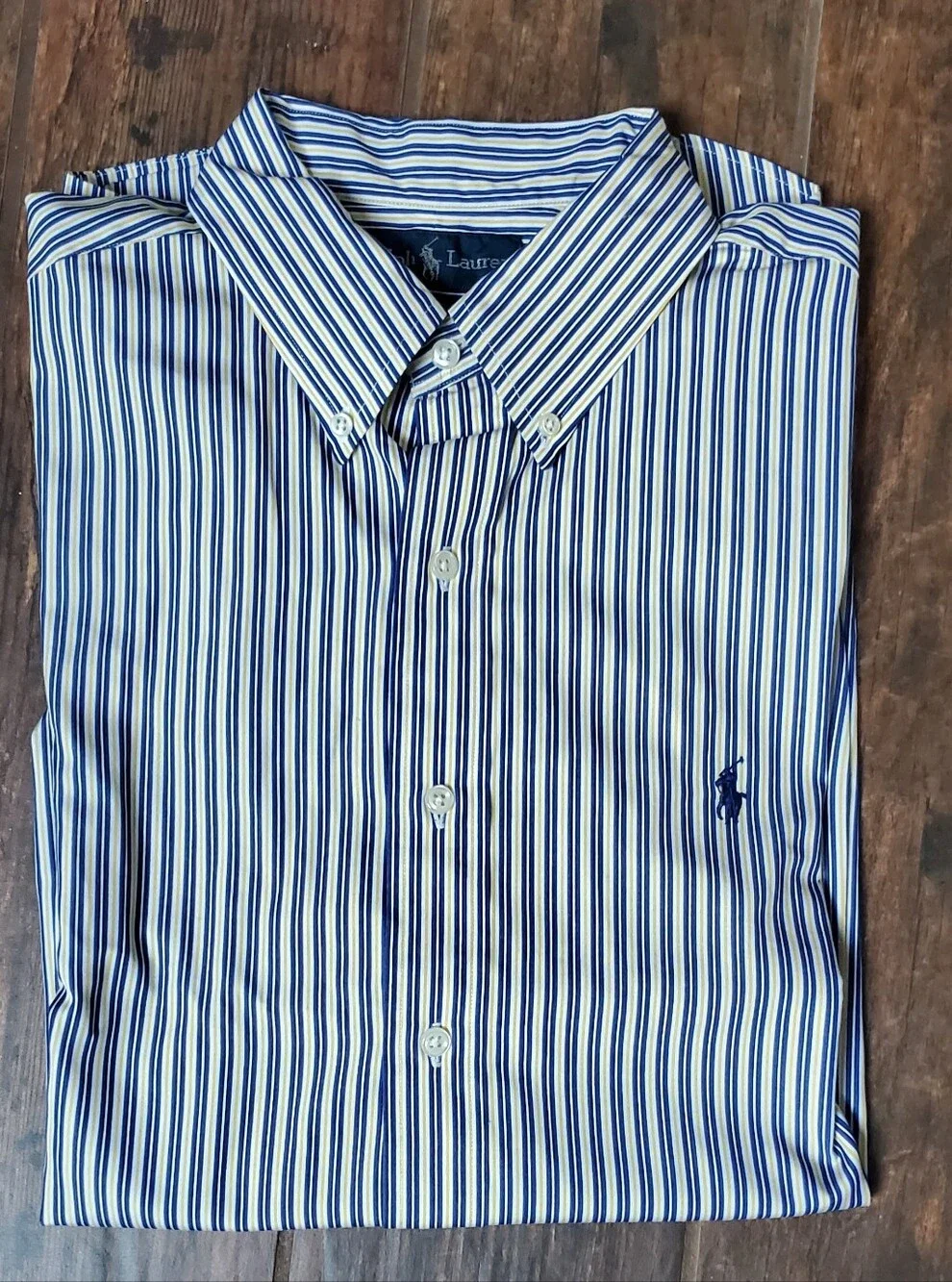 Ralph Lauren Men's Custom Fit Shirt White Blue Stripes Size Large Button Collar